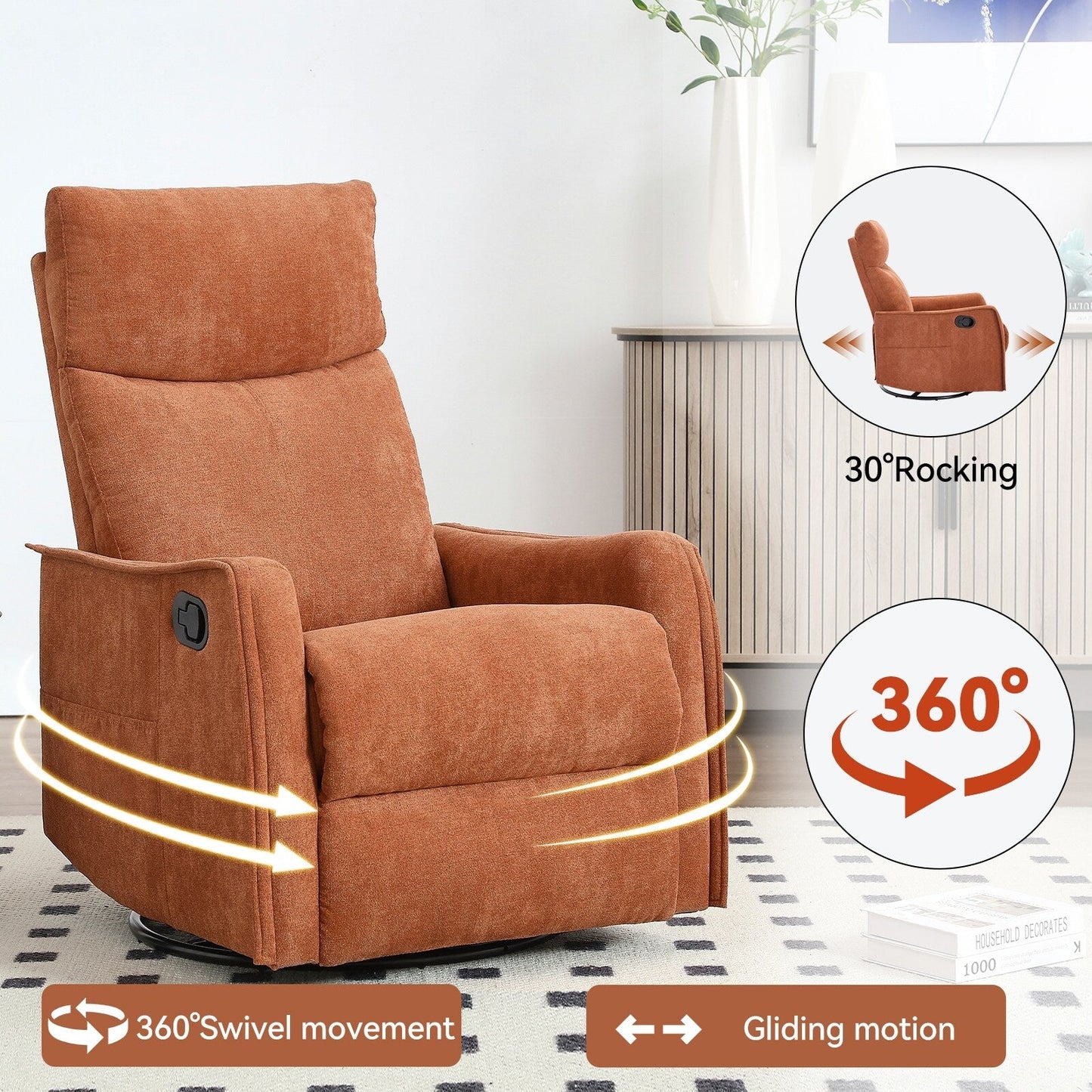 Fauteuil inclinable manuel à 8 points de massage, fauteuil à bascule pivotant en tissu, fauteuil simple avec bascule et chauffage lombaire