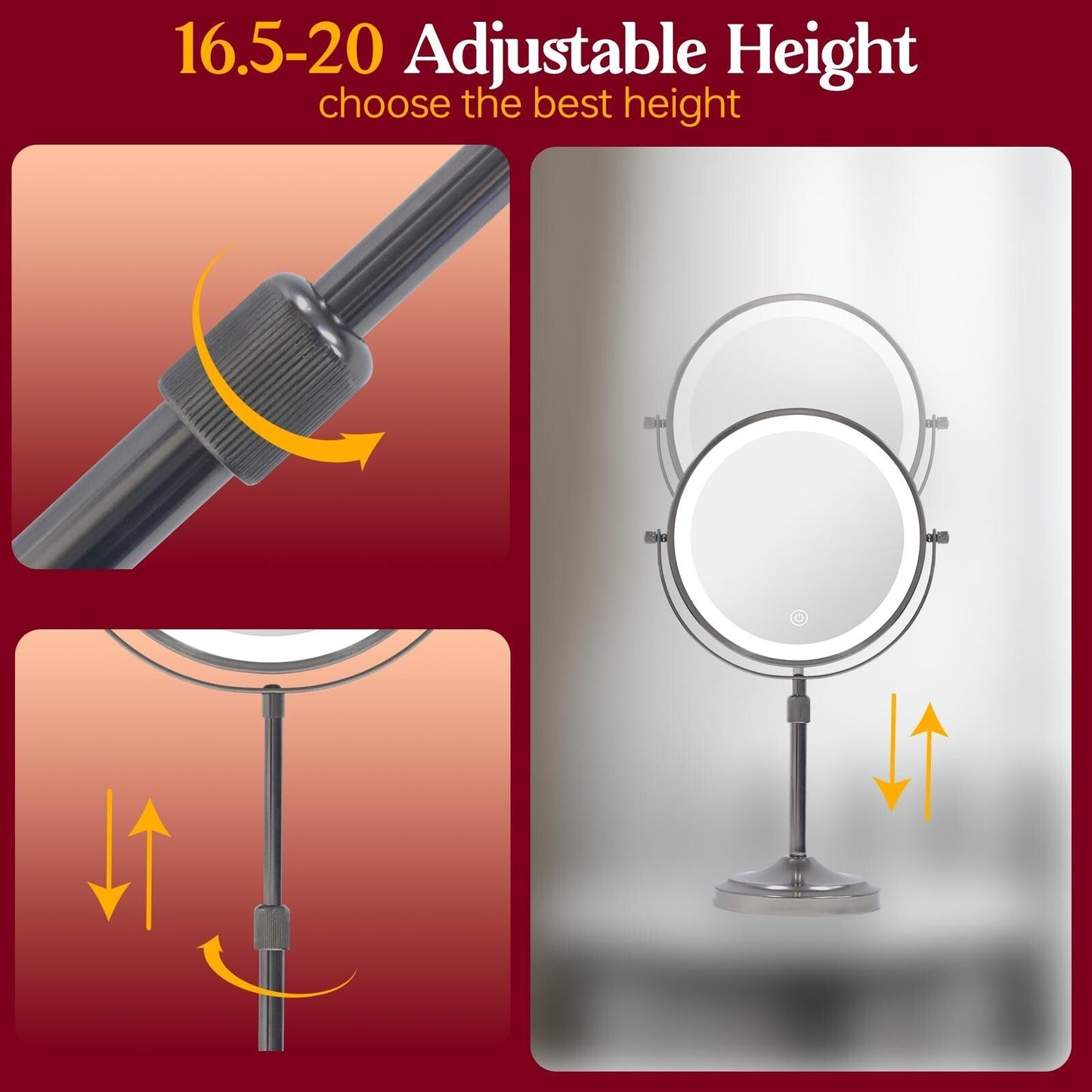 Miroir de maquillage éclairé à 9 LED, miroir grossissant double face avec grossissement 1X/10x, 3 couleurs d'éclairage