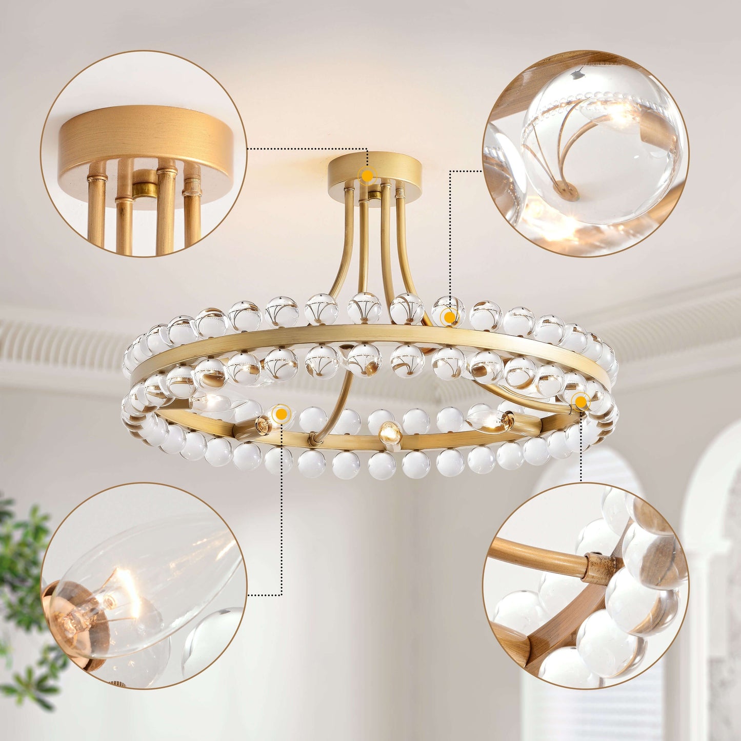 Plafonnier semi-encastré en cristal Elvira à 8 lumières, motif roue de chariot