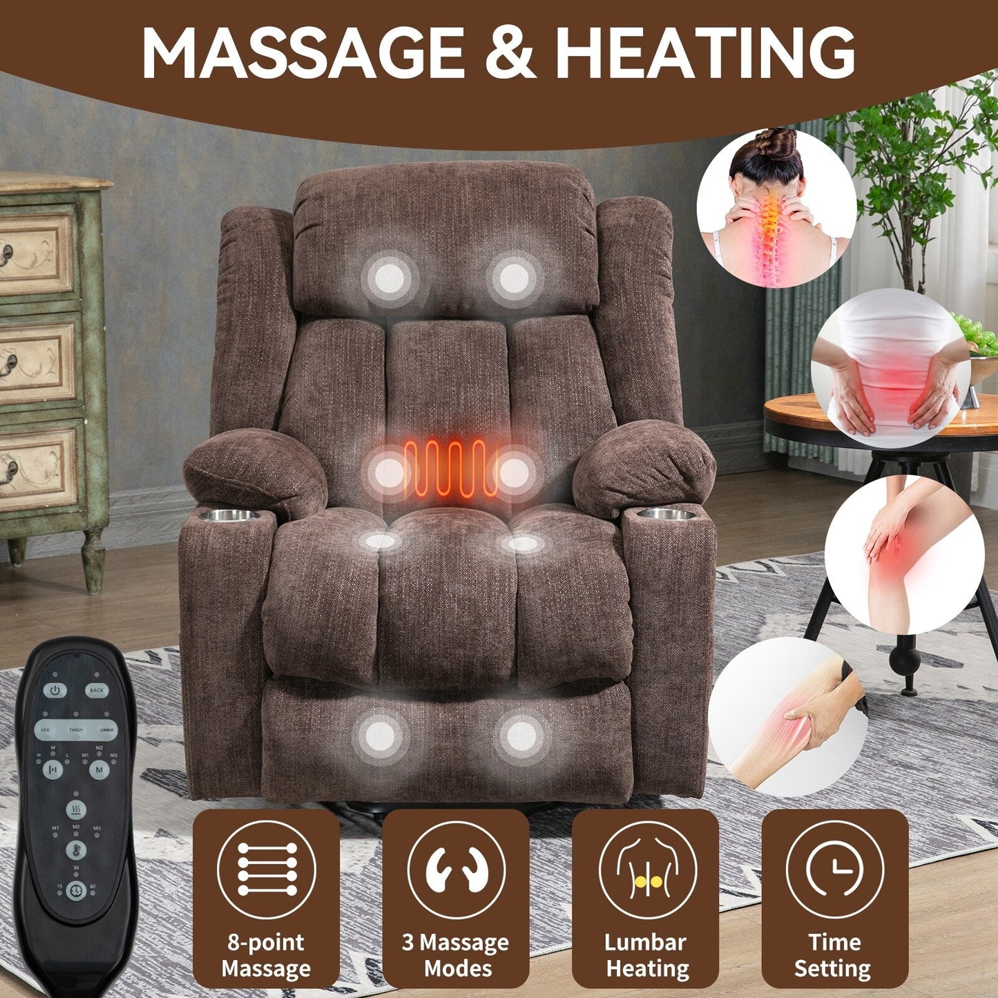 Fauteuil inclinable électrique en chenille grise avec massage, chauffage lombaire, ports USB et Type-C et porte-gobelets en acier inoxydable