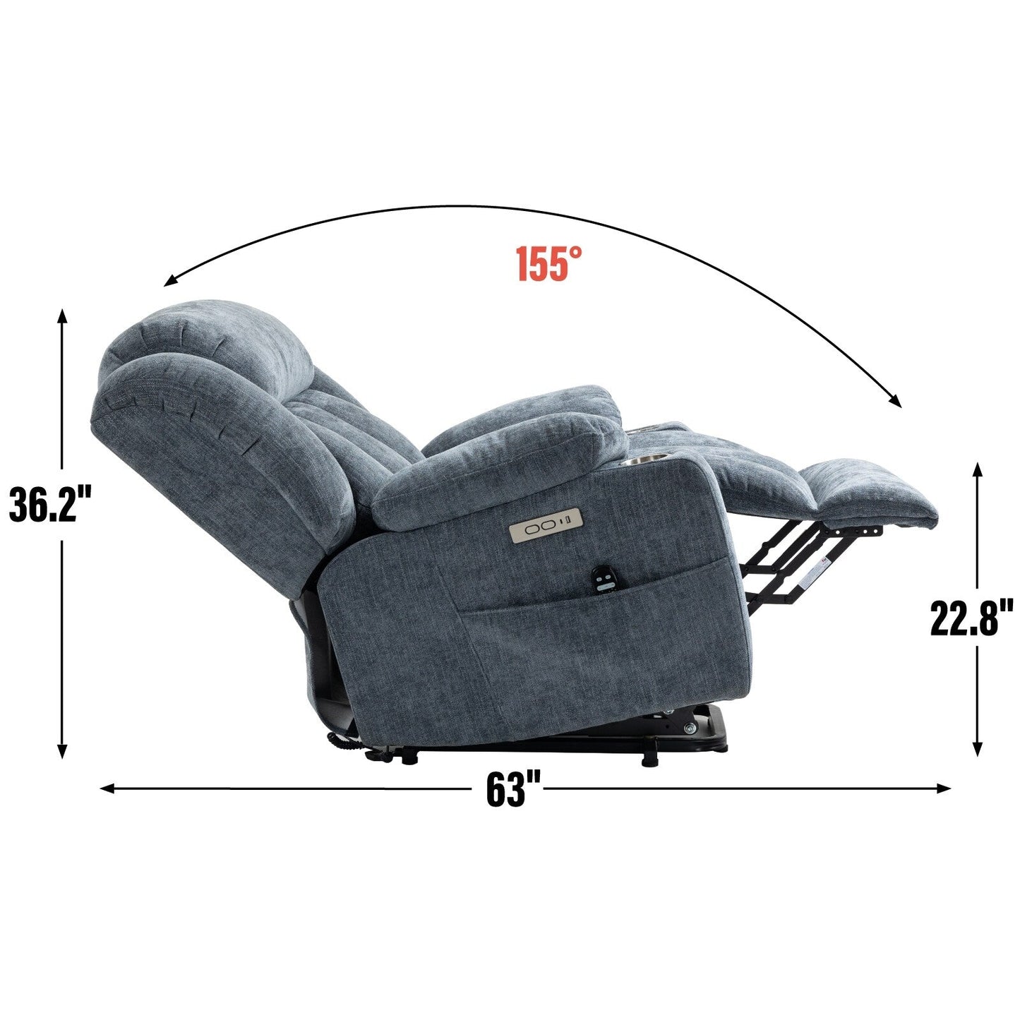 Fauteuil inclinable électrique en chenille grise avec massage, chauffage lombaire, ports USB et Type-C et porte-gobelets en acier inoxydable