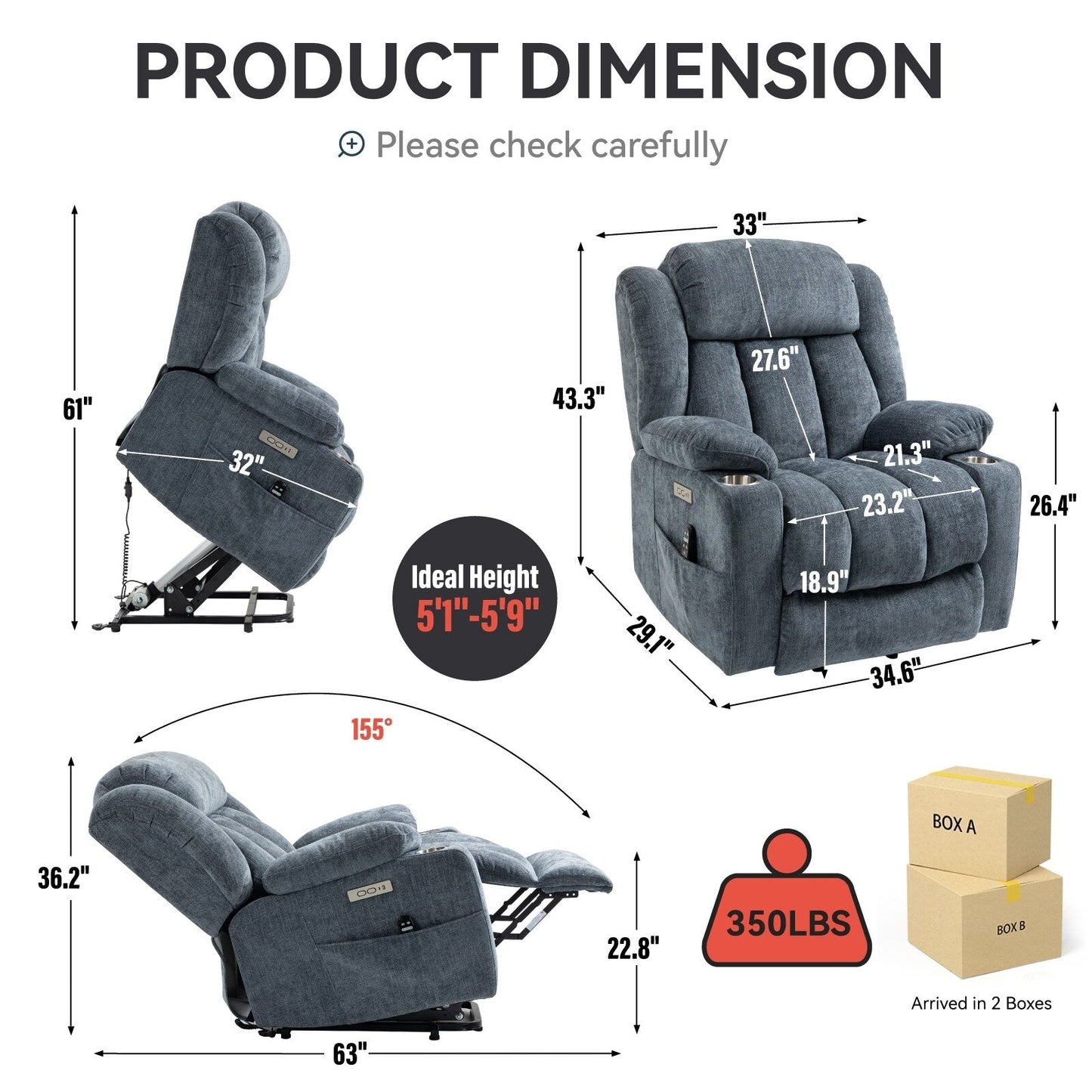 Fauteuil inclinable électrique en chenille grise avec massage, chauffage lombaire, ports USB et Type-C et porte-gobelets en acier inoxydable