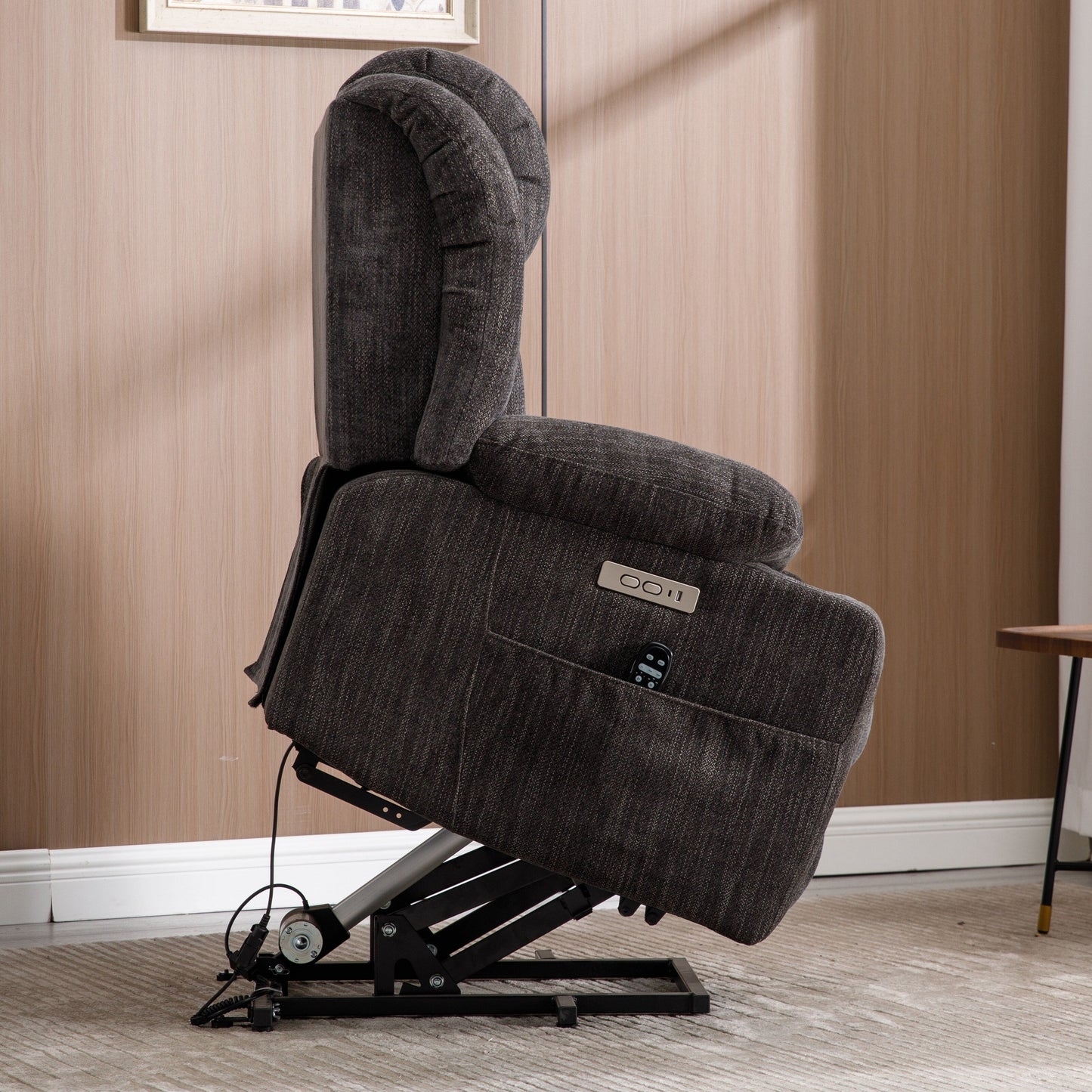 Fauteuil inclinable électrique en chenille grise avec massage, chauffage lombaire, ports USB et Type-C et porte-gobelets en acier inoxydable