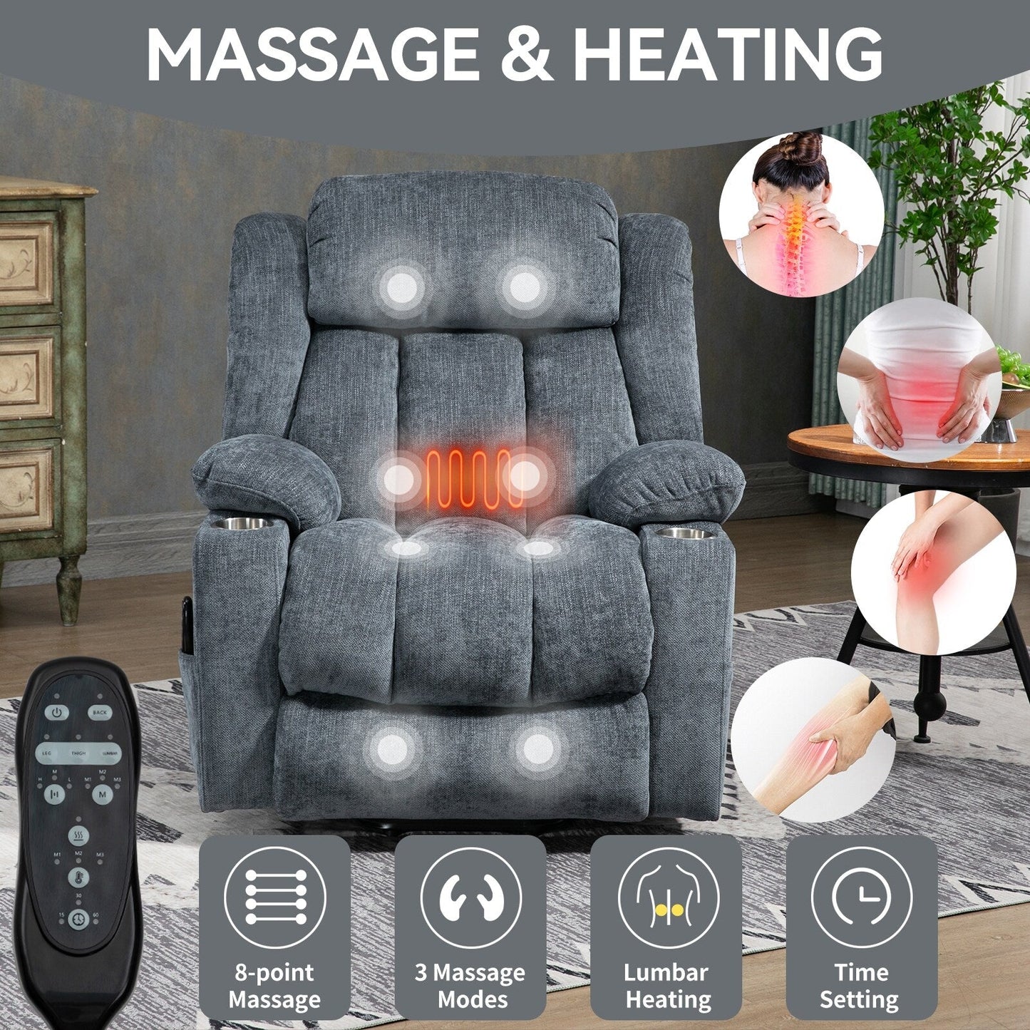 Fauteuil inclinable électrique en chenille grise avec massage, chauffage lombaire, ports USB et Type-C et porte-gobelets en acier inoxydable