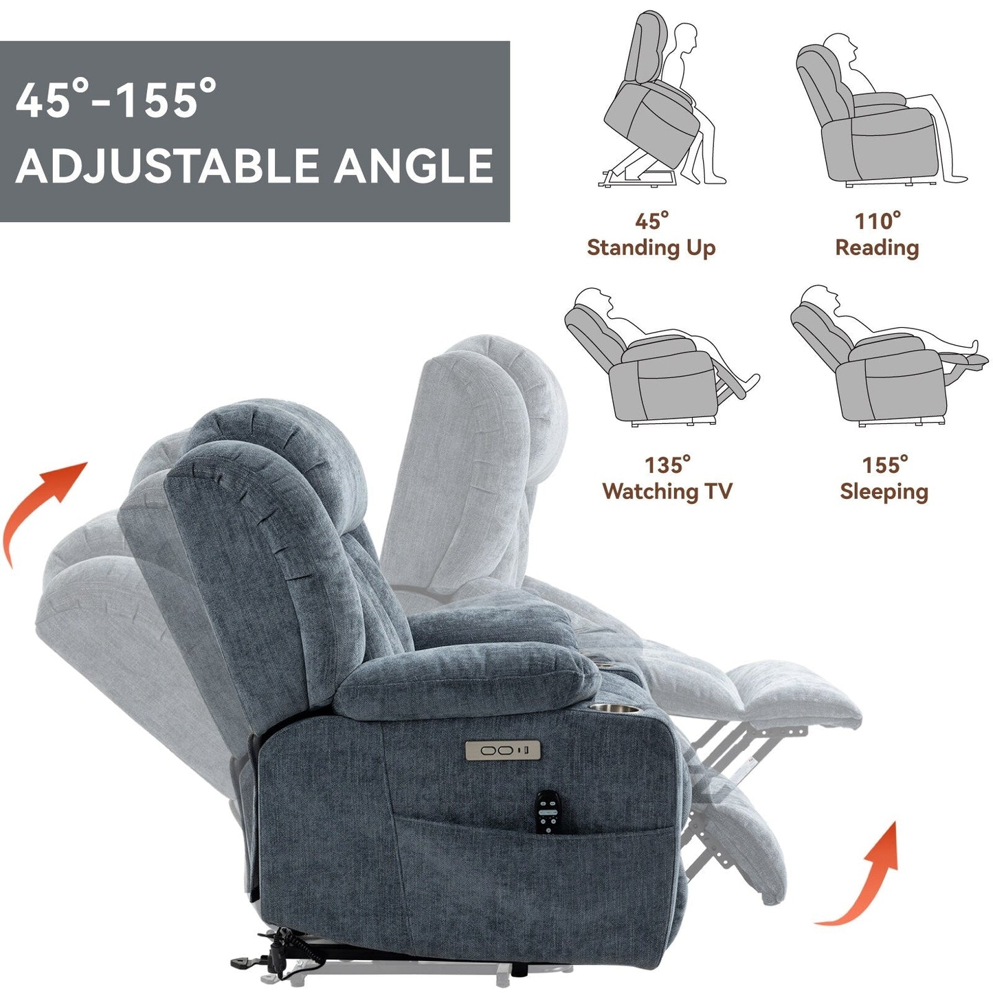 Fauteuil inclinable électrique en chenille grise avec massage, chauffage lombaire, ports USB et Type-C et porte-gobelets en acier inoxydable