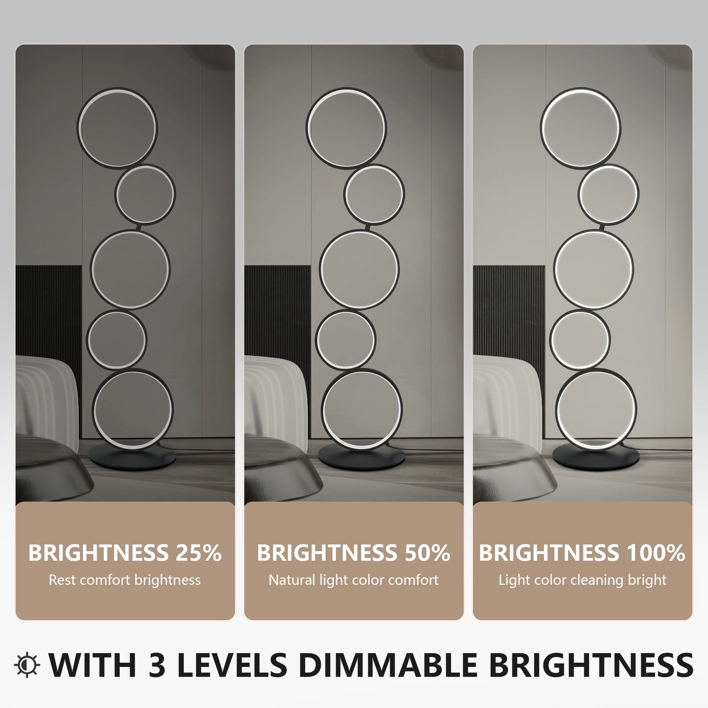 Lampadaire LED moderne à intensité variable, lampe d'angle lumineuse à 3 voies avec 5 anneaux pour salon