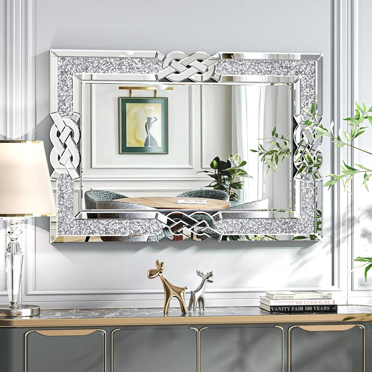 Grand miroir mural à emboîtement avec perles de cristal rectangulaires
