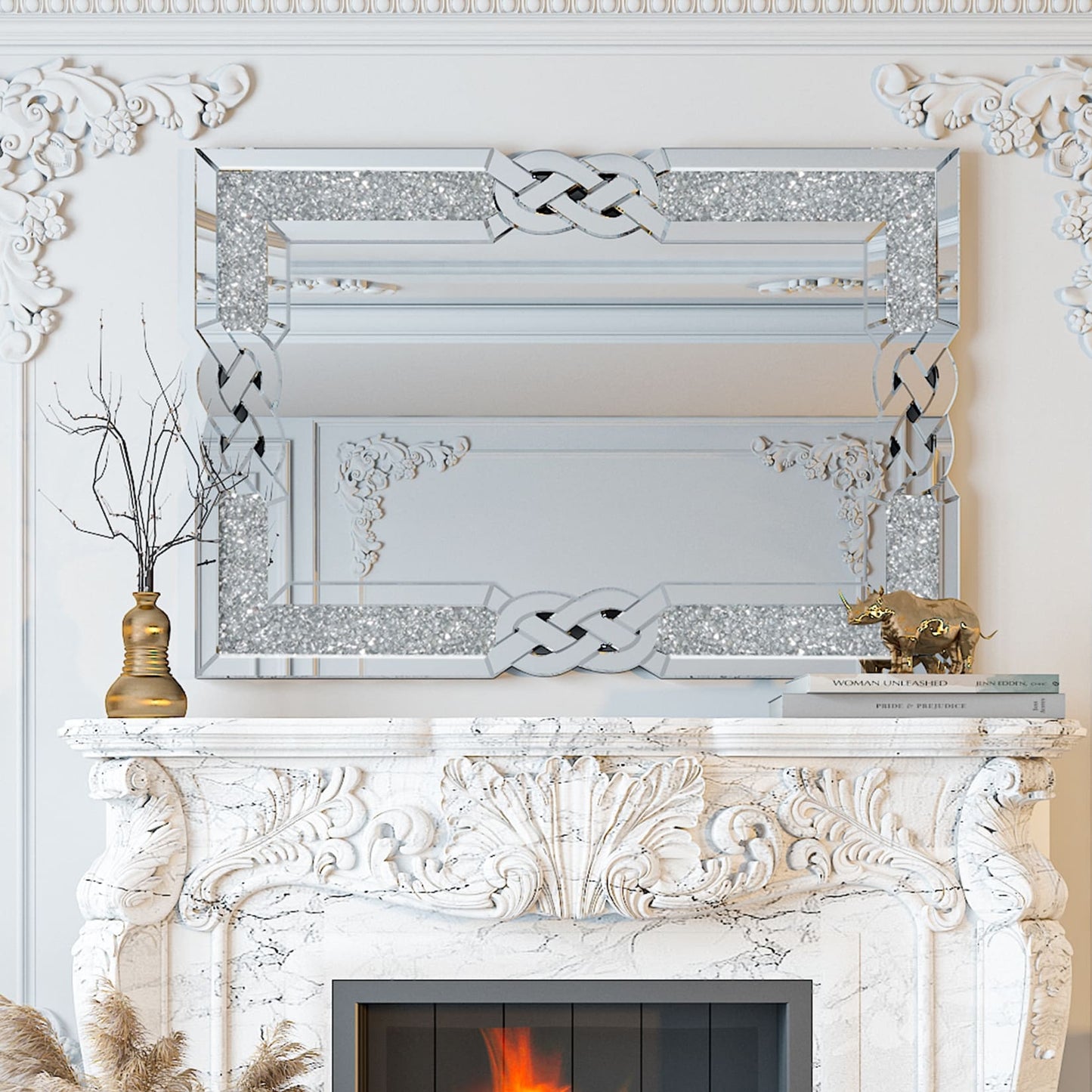 Grand miroir mural à emboîtement avec perles de cristal rectangulaires