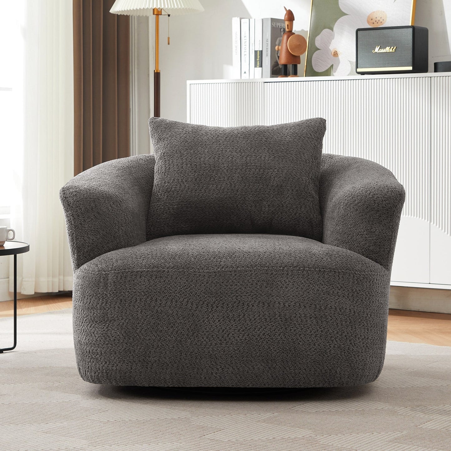 Fauteuil pivotant à 360°, fauteuil d'appoint en boucle de 38,2" avec coussin décoratif, fauteuil rembourré en forme de tonneau avec accoudoirs incurvés