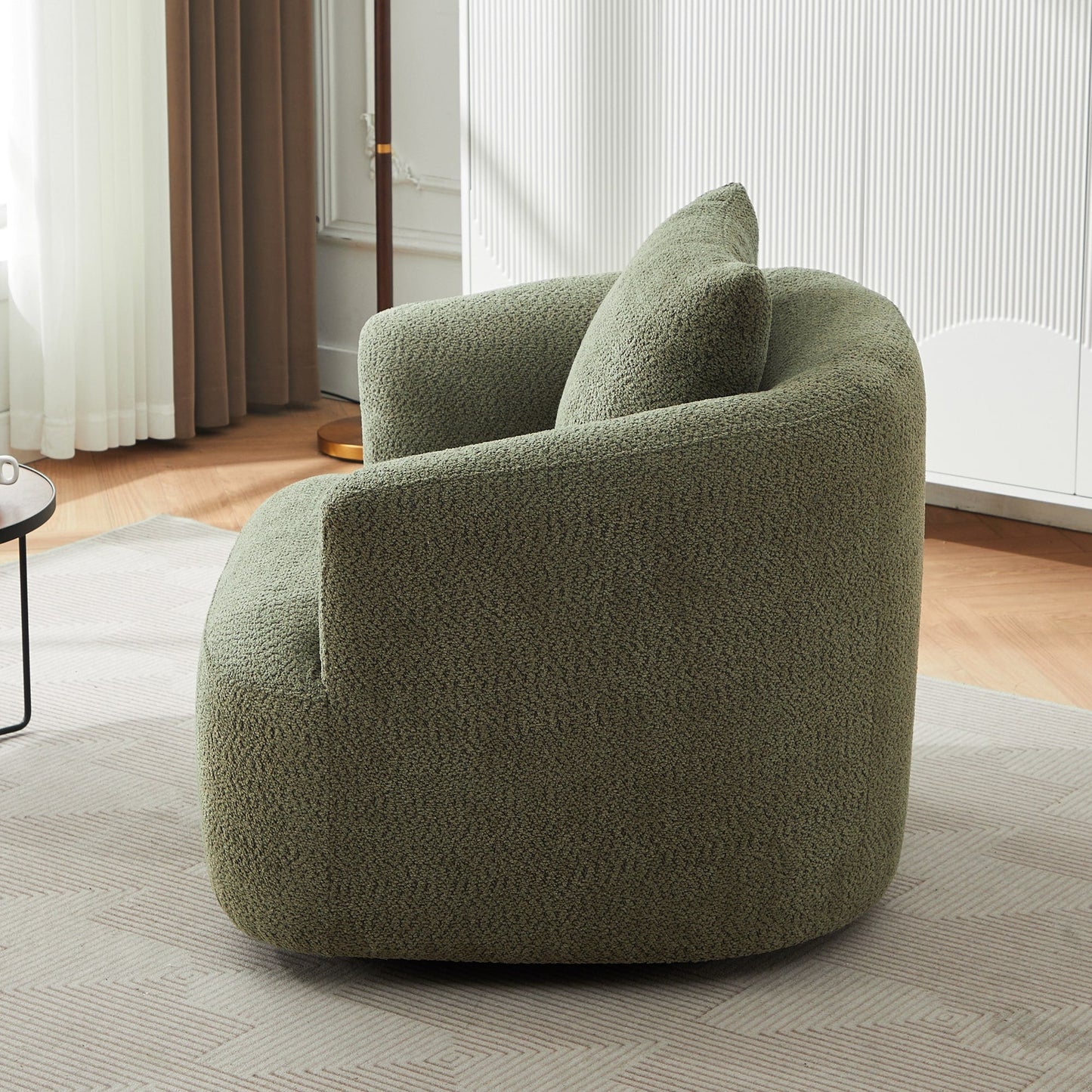 Fauteuil pivotant à 360°, fauteuil d'appoint en boucle de 38,2" avec coussin décoratif, fauteuil rembourré en forme de tonneau avec accoudoirs incurvés