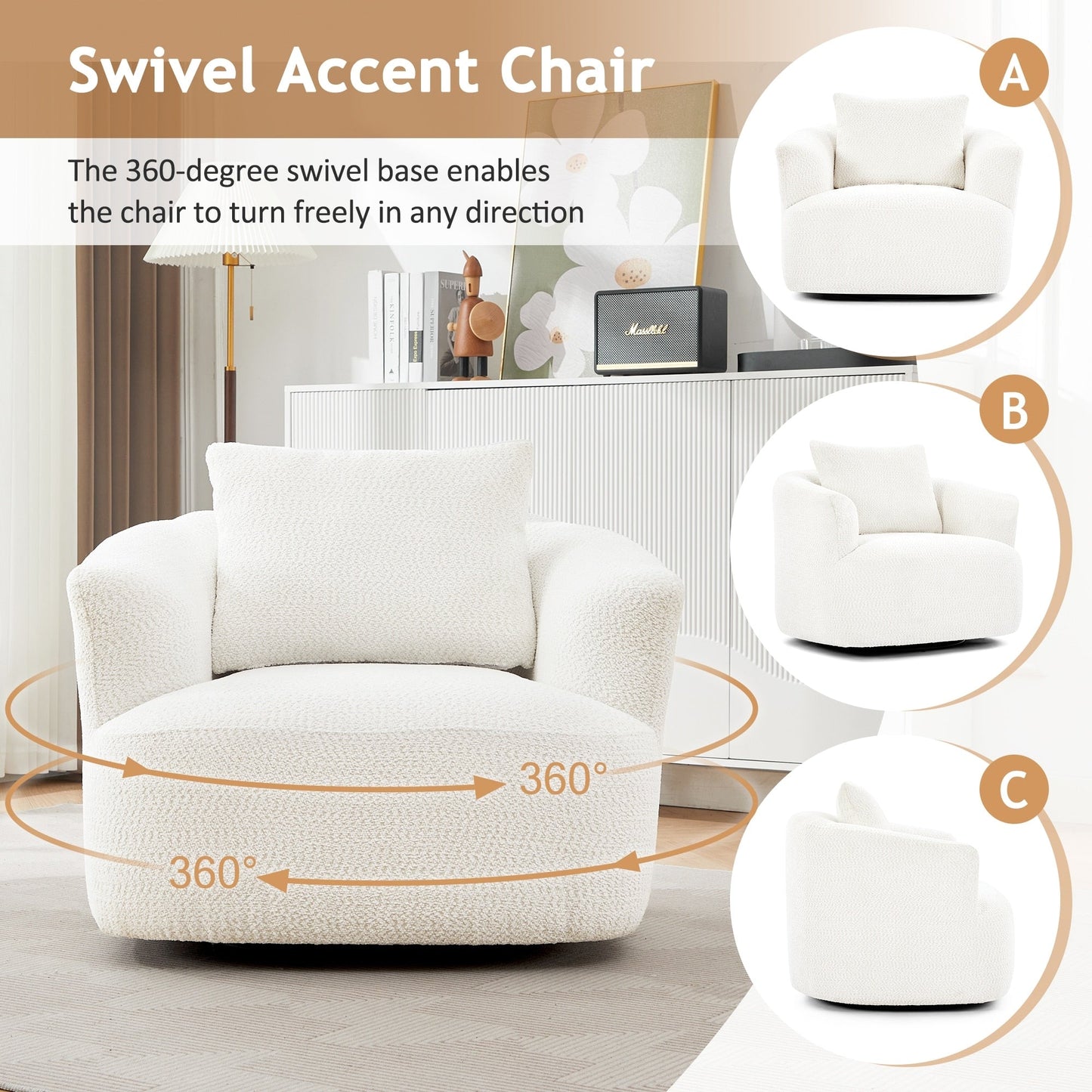 Fauteuil pivotant à 360°, fauteuil d'appoint en boucle de 38,2" avec coussin décoratif, fauteuil rembourré en forme de tonneau avec accoudoirs incurvés
