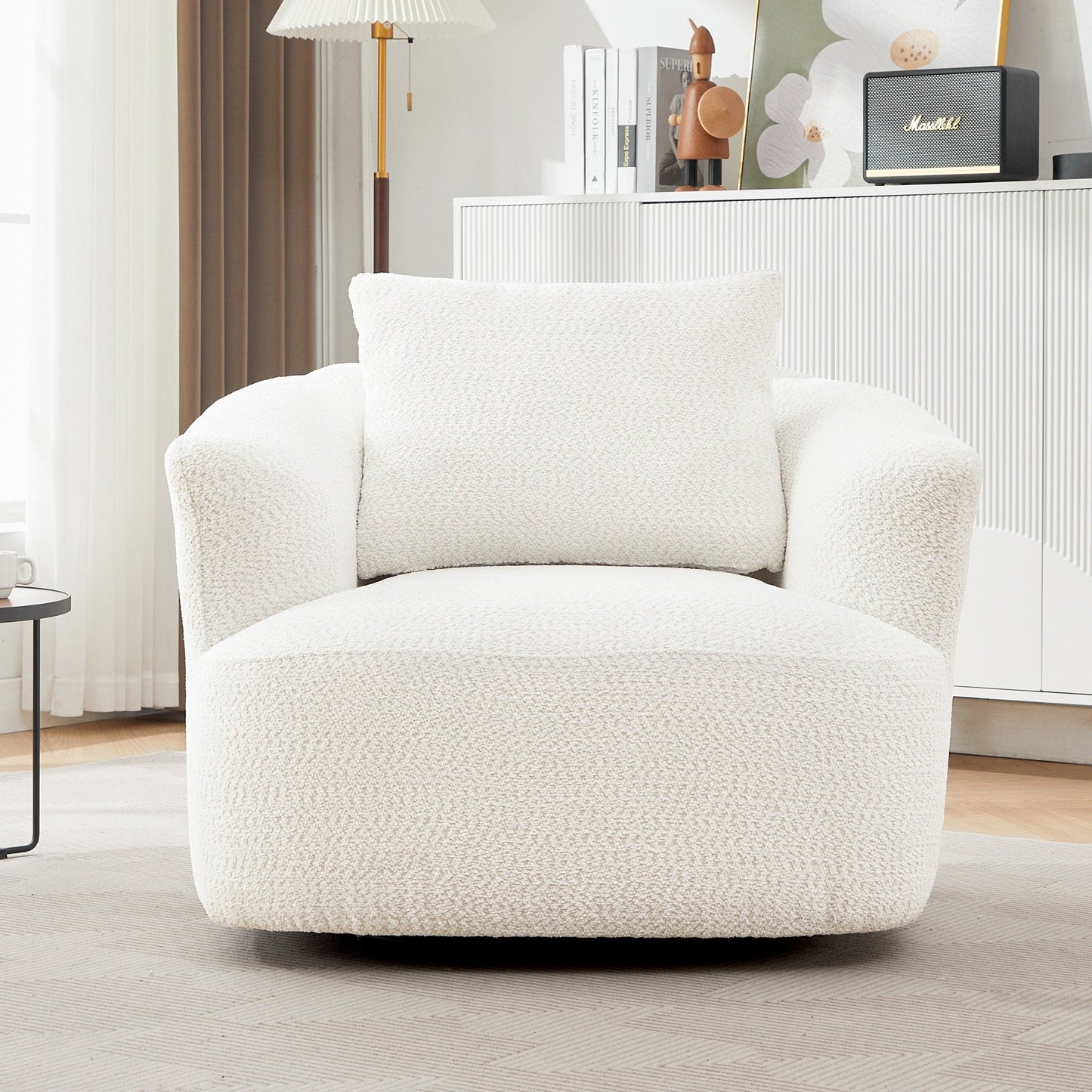 Fauteuil pivotant à 360°, fauteuil d'appoint en boucle de 38,2" avec coussin décoratif, fauteuil rembourré en forme de tonneau avec accoudoirs incurvés
