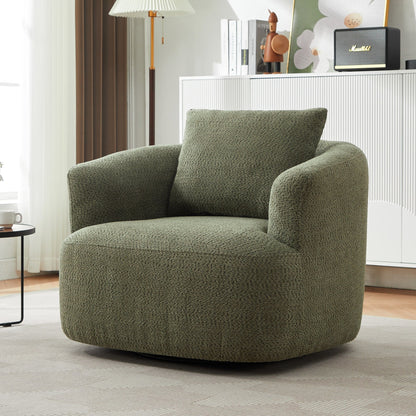 Fauteuil pivotant à 360°, fauteuil d'appoint en boucle de 38,2" avec coussin décoratif, fauteuil rembourré en forme de tonneau avec accoudoirs incurvés