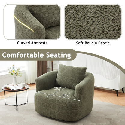 Fauteuil pivotant à 360°, fauteuil d'appoint en boucle de 38,2" avec coussin décoratif, fauteuil rembourré en forme de tonneau avec accoudoirs incurvés