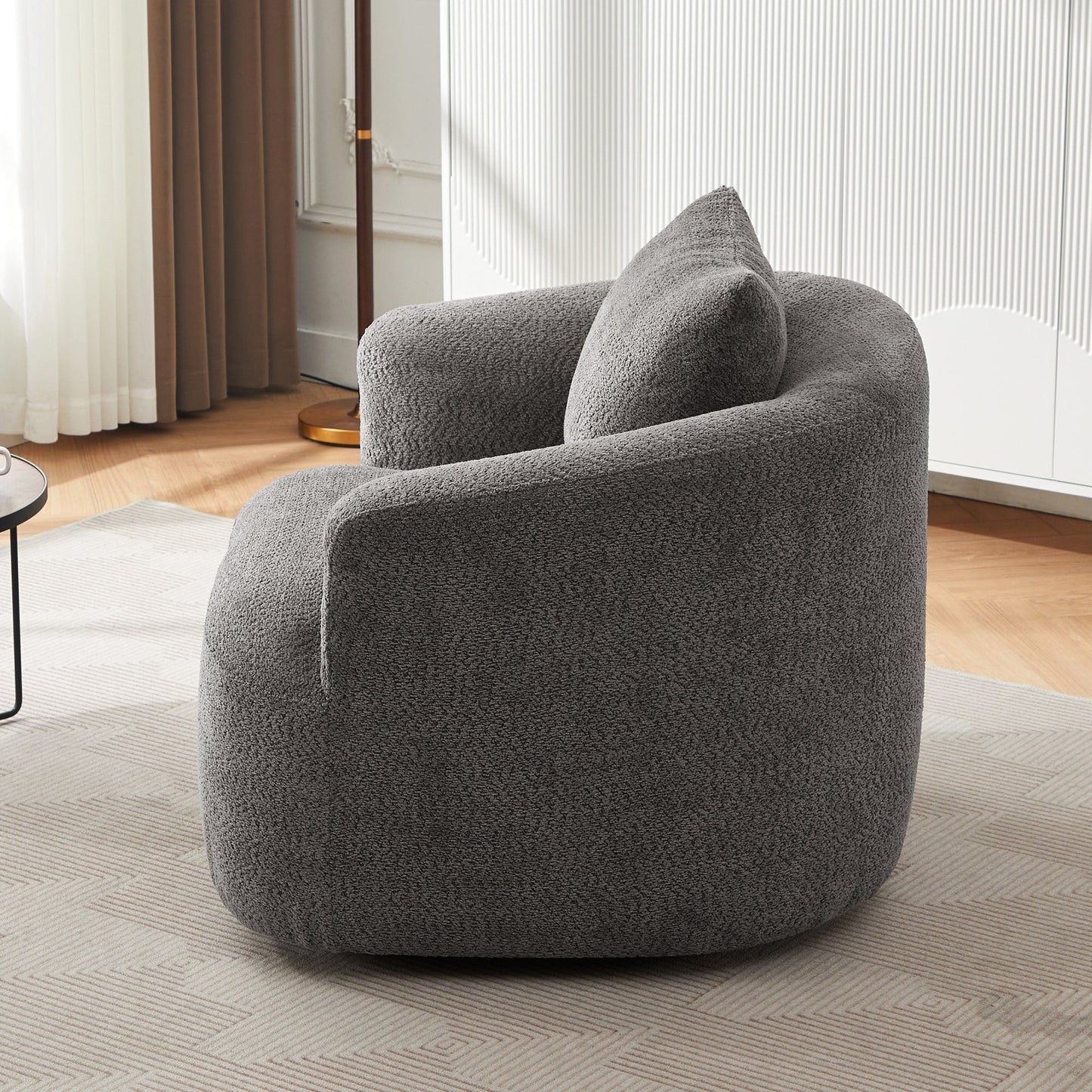 Fauteuil pivotant à 360°, fauteuil d'appoint en boucle de 38,2" avec coussin décoratif, fauteuil rembourré en forme de tonneau avec accoudoirs incurvés