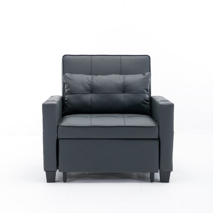 Canapé-lit convertible en similicuir noir avec ports USB