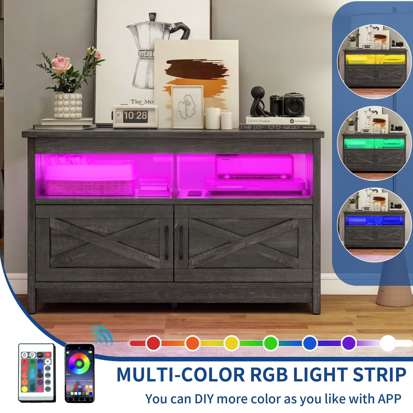 Meuble TV Farmhouse pouvant accueillir jusqu'à 65 téléviseurs avec portes et étagères ouvertes Console multimédia Prise de courant