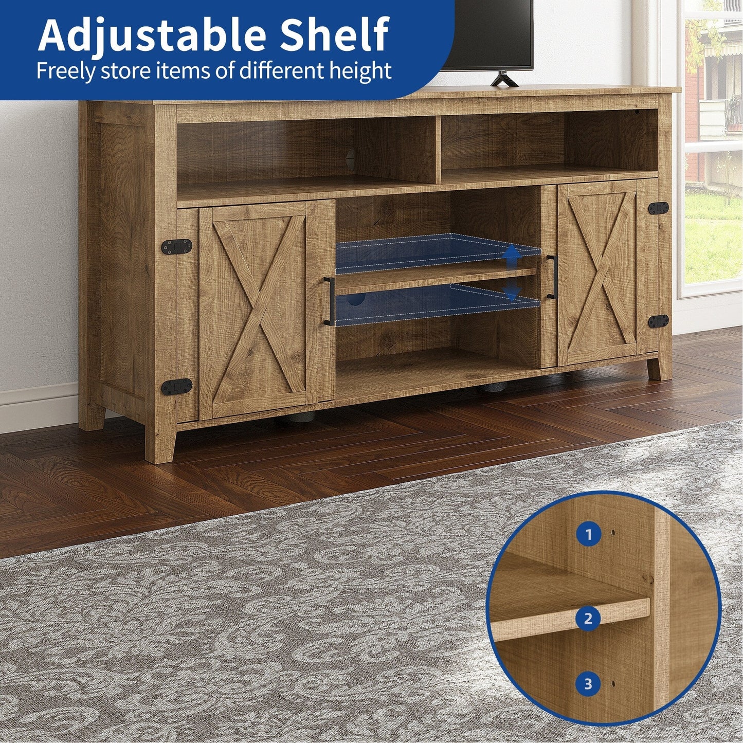 Meuble TV Farmhouse pouvant accueillir jusqu'à 65 téléviseurs avec portes et étagères ouvertes Console multimédia Prise de courant