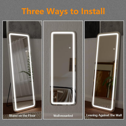 Miroir de sol avec éclairage LED, 64 x 21, miroir pleine longueur avec support, miroir suspendu, miroir mural, miroir intégral