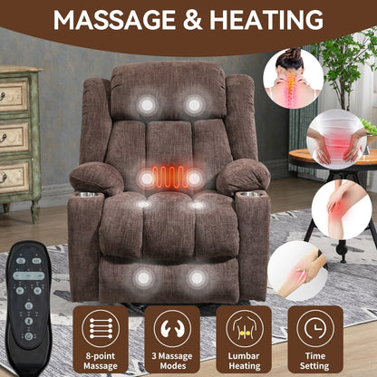 Fauteuil inclinable électrique en chenille grise avec massage, chauffage lombaire, ports USB et Type-C et porte-gobelets en acier inoxydable