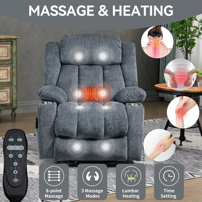 Fauteuil inclinable électrique en chenille grise avec massage, chauffage lombaire, ports USB et Type-C et porte-gobelets en acier inoxydable