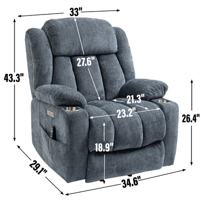 Fauteuil inclinable électrique en chenille grise avec massage, chauffage lombaire, ports USB et Type-C et porte-gobelets en acier inoxydable