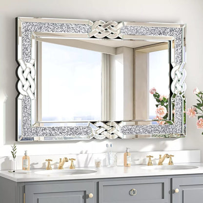 Grand miroir mural à emboîtement avec perles de cristal rectangulaires