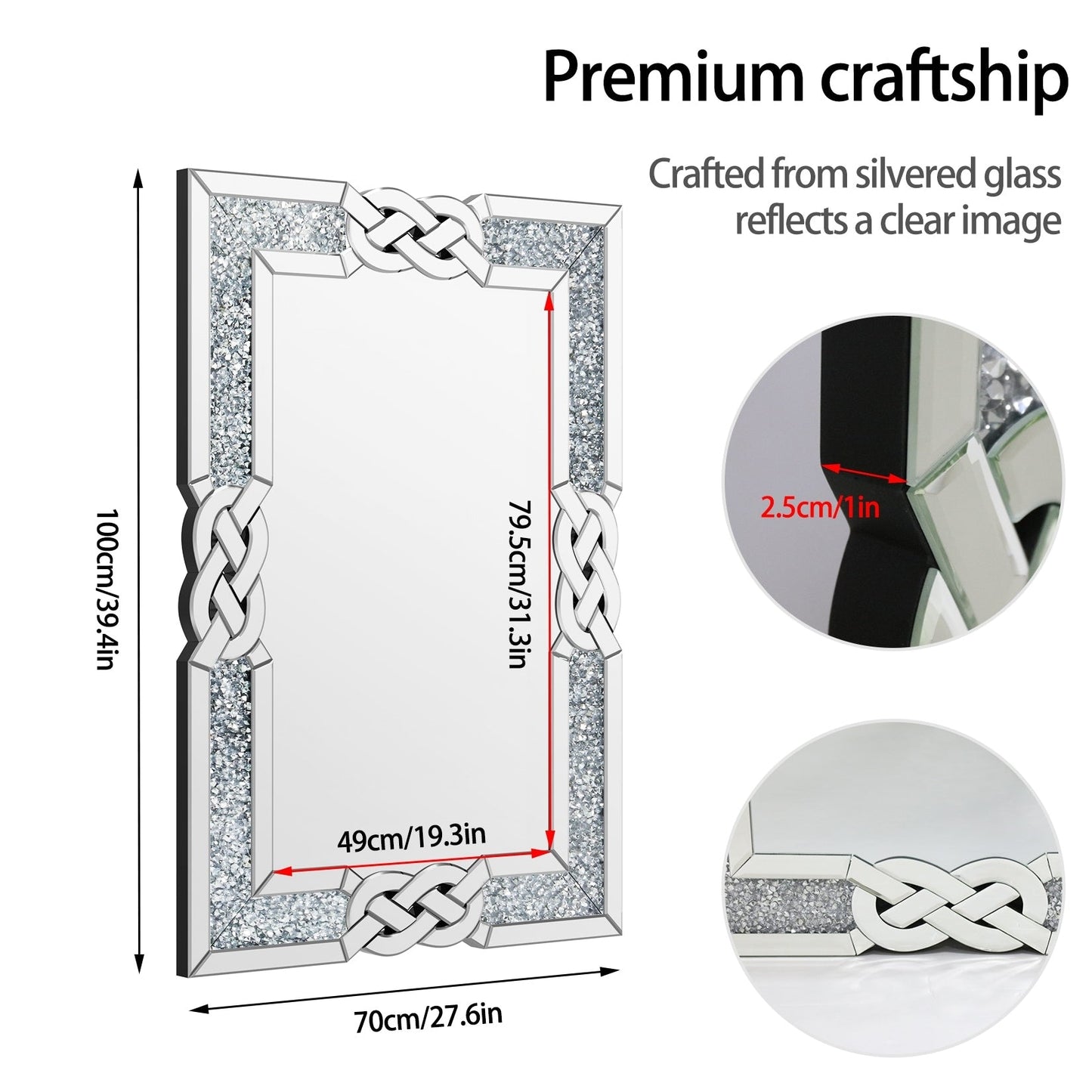 Grand miroir mural à emboîtement avec perles de cristal rectangulaires