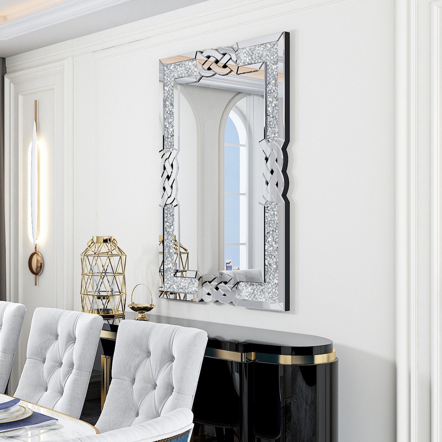 Grand miroir mural à emboîtement avec perles de cristal rectangulaires