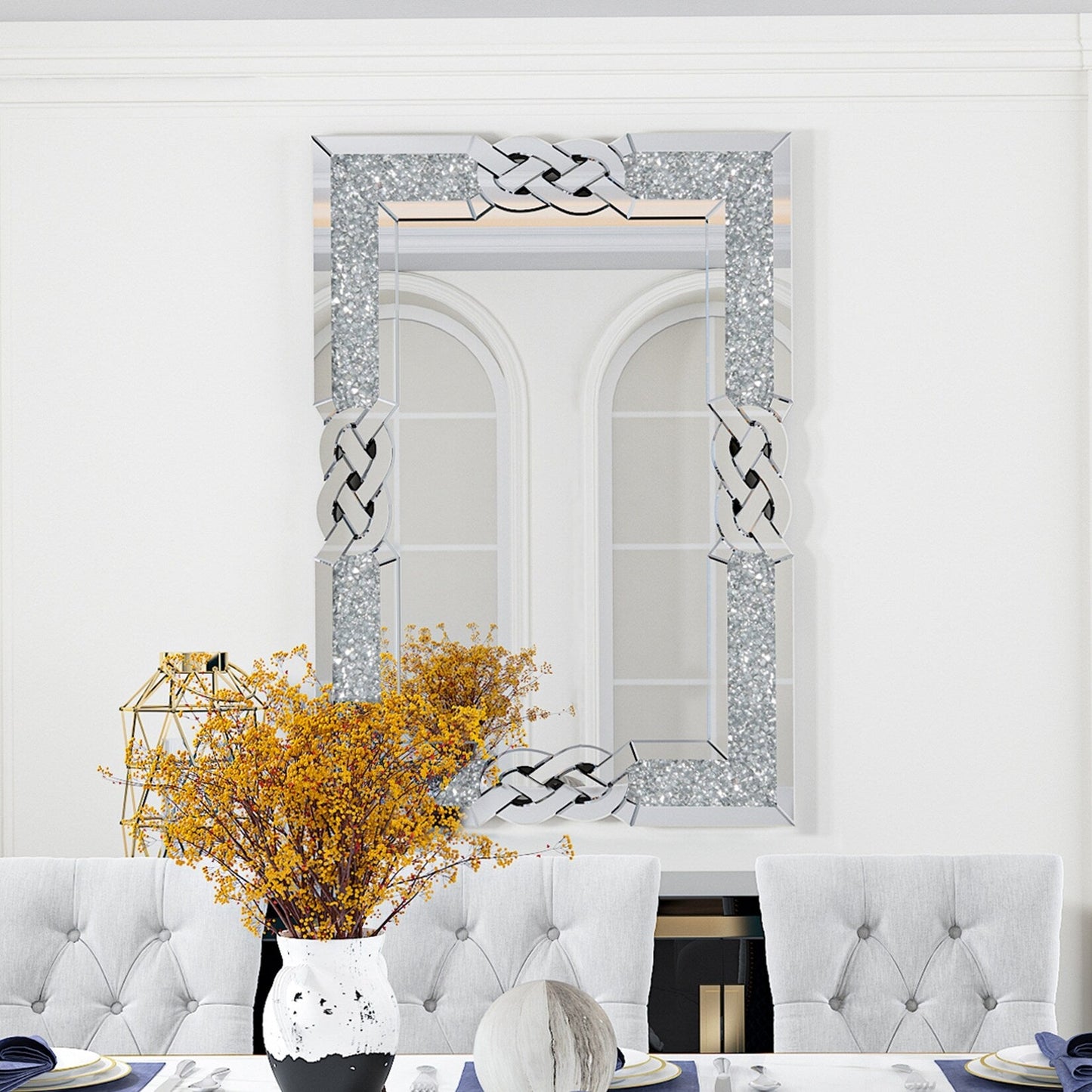 Grand miroir mural à emboîtement avec perles de cristal rectangulaires