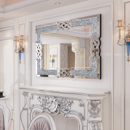 Grand miroir mural à emboîtement avec perles de cristal rectangulaires