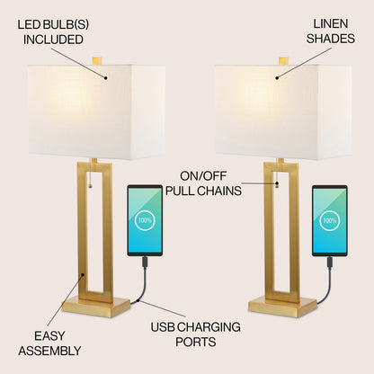Lampe de table LED industrielle vintage Lucie 28,5 cm avec chaînette et port de chargement USB (lot de 2) par JONATHAN Y